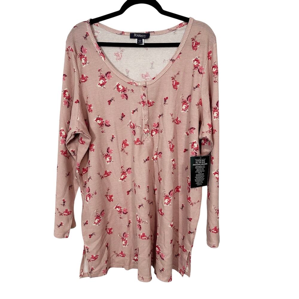 ROAMAN’S Pink Floral Thermal Henley Tunic Top Shirt - Sz 1X (22-24) - NWT - Picture 2 of 6